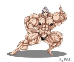 abs artist_name barefoot biceps bikini_bottom bodybuilder breasts covered_nipples extreme_muscles female flexing flexing_muscles glasses hair_bun hyper_muscles matl muscles muscular muscular_arms muscular_female muscular_legs muscular_thighs nipple_covers pecs posing prison_school shiraki_meiko watermark