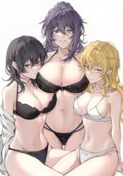 3girls absurdres armpit_crease asymmetrical_hair bags_under_eyes black_bow black_bra black_eyes black_hair blonde_hair blue_eyes blurry_edges blush bow bow_bra bow_panties bra breast_on_breast breast_rest breasts cleavage collarbone commentary face_to_breasts genderswap_(mtf) girl_sandwich hair_between_eyes heterochromia high_ponytail highres hong_lu hong_lu_(project_moon) huge_breasts lace lace_bra lace_panties large_breasts limbus_company lingerie long_bangs long_hair looking_at_viewer medium_breasts mena9030 multi-strapped_panties multiple_girls navel nervous panties project_moon purple_eyes purple_hair rule_63 sandwiched shirt shirt_partially_removed simple_background sinclair_(limbus_company) sinclair_(project_moon) small_sweatdrop smile stomach strap_gap symbol-only_commentary thighs underwear underwear_only white_background white_bow white_bra white_panties white_shirt yellow_eyes yi_sang_(limbus_company) yi_sang_(project_moon)