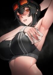 armpit_fetish armpits arms_up big_breasts dirty glasses grace_howard limart red_eyes sweat zenless_zone_zero