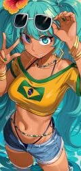 1girls aqua_eyes aqua_hair bare_shoulders bra_strap bracelet brazilian_flag brazilian_miku commentary crop_top dark_skin denim denim_shorts english_commentary eyewear_on_head female flower green_nails grin hair_flower hair_ornament hands_up hatsune_miku highres jewelry laz_gm long_hair looking_at_viewer midriff nail_polish navel off-shoulder_shirt off_shoulder open_fly orange_flower shirt short_shorts short_sleeves shorts smile solo standing stomach sunglasses twintails very_long_hair vocaloid w wading water yellow_nails yellow_shirt