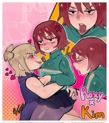 2girls blonde_hair embarrassed evygur0 female_only freckles hugging kim_pine red_hair roxanne_richter scott_pilgrim scott_pilgrim_takes_off tongue_out yuri