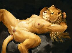 anthro anus breasts feline female fur furry lion lioness looking_at_viewer lying nipples nude pussy scale_(artist) solo