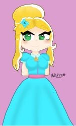 belt blonde_hair blue_dress blue_hairpin brawl_stars bun butterfly_hair_ornament green_eyes hair_bun hairpin light_skin multikitty no_nipples no_nude no_pussy pink_belt piper_(brawl_stars) yellow_hair