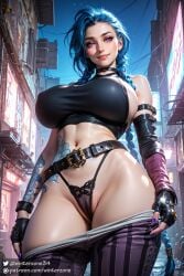 ai_generated big_breasts blue_hair cameltoe female female_focus female_only jinx_(league_of_legends) league_of_legends looking_at_viewer panties pants_down pink_eyes stable_diffusion thick_thighs thong winterzone