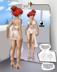 1girls big_breasts big_butt bikini blue_eyes english_text female genderswap genderswap_(mtf) genma_saotome gold_(metal) gold_jewelry high_heels jewlery linkartoon makeup midriff mirror ranma-chan ranma_1/2 ranma_saotome red_hair rule_63 skirt soun_tendo text white_bikini