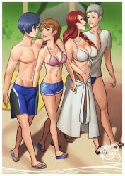 2boys 2girls akihiko_sanada beach big_breasts bikini blue_eyes blue_hair breasts brown_eyes brown_hair female huge_breasts imminent_sex large_breasts makoto_yuki male male_swimwear megami_tensei mitsuru_kirijo multiple_boys multiple_girls persona persona_3 razillon red_eyes red_hair speedo straight swimming_trunks swimsuit topless_male white_hair yukari_takeba