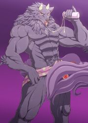 abs anthro bathym_(tas) blep broken_(artist) canid canine canis demon erection fluffy fluffy_tail fur genitals hi_res horn humanoid_genitalia humanoid_penis lifewonders living_tail looking_at_viewer male mammal mane muscular muscular_male nude penis purple_body purple_fur smile solo tail tokyo_afterschool_summoners tongue tongue_out towel towel_only unusual_anatomy unusual_tail wolf