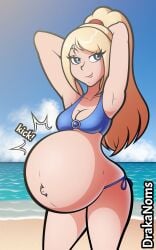 1girls alternate_version_at_source beach big_breasts bikini blonde_hair blue_eyes breasts drakanoms human metroid navel_piercing nintendo popped_navel pregnant ready_to_pop samus_aran thick_thighs wide_hips