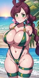 1girls aged_up ai_generated alternate_breast_size big_breasts bikini breasts chloe_(pokemon) cleavage collarbone female female_focus female_only game_freak green_eyes huge_breasts human large_breasts light-skinned_female light_skin nintendo pokemon pokemon_anime pokemon_journeys purple_hair revealing_clothes ryuzam sideboob skimpy skimpy_bikini skimpy_clothes sling_bikini solo swimsuit swimwear