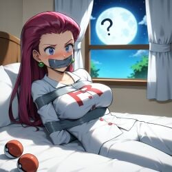 1girls ai_generated arms_tied_behind_back bedroom big_breasts blue_eyes blush bondage ear_piercing female gag gagged jessie_(pokemon) looking_at_viewer moon night on_bed pajamas pokeball pokemon question_mark red_hair solo tape_gag team_rocket white_clothing