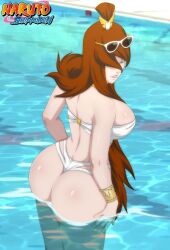 1girls alternate_costume arm_support ass ass_focus auburn_hair bare_shoulders bikini_bottom bikini_top bracelet breasts cleavage clothing copyright_name covered_navel eroticgeek2 female female_only flower from_behind green_eyes hair_over_one_eye high_resolution huge_breasts jewelry large_ass large_breasts leaning_forward lips logo long_hair looking_at_viewer mei_terumi mizukage nail_polish naruto naruto_shippuden navel official_alternate_costume pool poolside red_hair revealing_swimsuit seductive_smile seductive_woman smile solo sunglasses sunglasses_on_head swimsuit terumi_mei topknot very_long_hair voluptuous water watermark wet wet_body white_bikini white_swimsuit