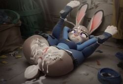 after_anal after_rape after_sex after_vaginal ai_generated anthro body_writing bunny_ears bunny_tail cum cum_in_ass cum_in_pussy cum_inside defeat_sex defeated defeated_heroine furry judy_hopps paws police_uniform policewoman purple_eyes solo solo_female spread_legs spread_pussy toeless_legwear