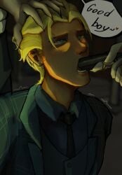 blonde_hair blue_eyes claws derek_goffard face_closeup fangs good_boy gun kucyash male male_only pretty_boy saliva solo_male tears the_price_of_flesh trembling