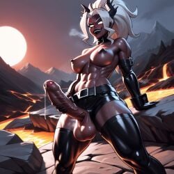 abs absurdly_large_cock ai_generated collar demon demon_girl foreskin futa_only futanari helltaker horns judgement_(helltaker) latex lava leaking_precum masturbating muscular penis thighhighs uncut