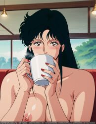 ai-created ai_generated alcohol black_hair blush breasts brown_eyes cat's_eye couch cup drink drinking female female_only furniture holding holding_cup indoors kisugi_hitomi large_breasts long_hair looking_at_viewer mug nail_polish nipples nude red_nails retro_artstyle sitting solo steam upper_body window wodstudio