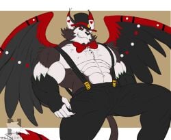 1boy alternate_body_type artist_request bara black_bottomwear black_pants black_sclera bottomwear bowtie cat_ears catboy cheek_tuft chest_tuft claws countershading curvy curvy_figure curvy_male demon demon_boy domestic_cat face_markings fangs feline hat hazbin_hotel headgear headwear husk_(hazbin_hotel) long_eyebrows looking_at_viewer male male_only neckwear pubic_tuft red_bowtie red_eyebrows red_neckwear sharp_claws shoulder_tuft simple_background suspenders table thick_eyebrows top_hat two_tone_fur two_tone_inner_ear white_inner_ear wings yellow_eyes yellow_teeth