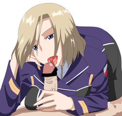 1boy blonde_hair blowjob blue_eyes breast_press censored fellatio female ginga_kikoutai_majestic_prince majestic_prince military military_uniform oral penis purple_eyes ribonzu saliva short_hair suzukaze_rin tongue uniform unseen_male_face white_background