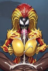 ai_generated boobjob dark-skinned_male excessive_cum huge_cock hyper_penis marvel marvel_comics mary_jane_watson scream_(spider-man) symbiote titjob will_of_ai