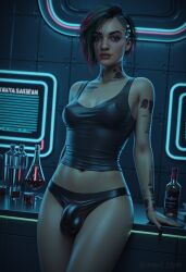 1futa ai_generated angel_light angel_light_(artist) balls brown_eyes bulge cd_projekt_red cyberpunk_2077 dickgirl from_below futanari judy_alvarez multicolored_hair nipples_visible_through_clothing panties