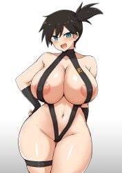 1girls :d alternate_breast_size areola_slip armpits ass asymmetrical_hair bare_legs bare_shoulders black_gloves black_hair black_one-piece_swimsuit blue_eyes blush breast_slip breasts child_bearing_hips cleavage collarbone covered_erect_nipples cowboy_shot creatures_(company) curvy female female_focus fingerless_gloves game_freak gen_1_pokemon gloves gym_leader hand_on_own_hip hourglass_figure huge_breasts kasumi_(pokemon) large_breasts legs legs_together looking_at_viewer navel nintendo nipple_slip nipples nipples_visible_through_clothing one-piece_swimsuit open_mouth pokemon pokemon:_the_electric_tale_of_pikachu ponytail shiny_skin shirt short_hair side_ponytail simple_background skin_tight skindentation slingshot_swimsuit smile solo standing swimsuit thick_thighs thigh_gap thigh_strap thighs voluptuous wardrobe_malfunction white_background wide_hips yamaori