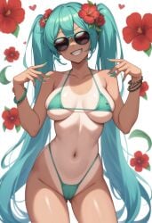 :d ai_fingers ai_generated alternate_breast_size aqua_hair beach_background black_thong_bikini blush bracelet brazil brazilian brazilian_female brazilian_miku breasts cleavage collarbone completely_naked curly_hair_style fangs_(fangs_art) female flower full_hair fully_nude green_eyes green_nails grin hair_flower hair_ornament hatsune_miku heart highres jewelry large_breasts long_hair looking_at_viewer messy_hair nail_polish navel nsfw parted_lips red_flower skindentation smile solo spread_pussy stomach sunglasses_aviator tan tan_lines thigh_gap topless twintails two-tone_background very_long_hair vocaloid yellow_nails