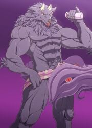 abs anthro bathym_(tas) blep broken_(artist) canid canine canis demon erection fluffy fluffy_tail fur genitals hi_res horn humanoid_genitalia humanoid_penis lifewonders living_tail looking_at_viewer male mammal mane muscular muscular_male nude penis purple_body purple_fur smile solo tail tokyo_afterschool_summoners tongue tongue_out towel towel_only unusual_anatomy unusual_tail wolf