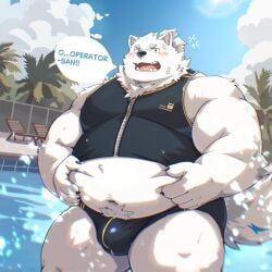 1:1 2024 anthro band-aid bandage belly big_belly black_nose blush bulge canid canine canis clothing domestic_dog hi_res humanoid_hands kemono lifewonders live_a_hero male mammal overweight overweight_male solo swimming_pool swimwear tulrang white_body yohack