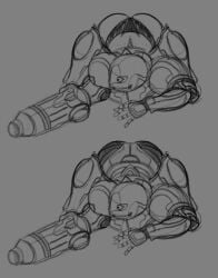 arm_cannon armor armored_samus ass bent_over broken_armor comparing female_only helmet helmet_with_visor metroid panties power_armor power_suit raven07 samus_aran super_metroid varia_suit varia_suit_helmet wardrobe_malfunction