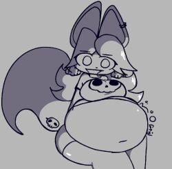 anthro belly black_and_grey digestion digestion_noises ear_piercing female hair hair_ornament looking_at_viewer raccoon rebecca_(whaatzit) shorts skull stomach_bulge stomach_noises t-shirt tail tail_ornament vore vore_belly whaatzit