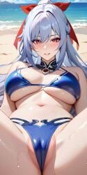 1girls ai_generated ass bare_legs bare_shoulders bare_thighs barely_clothed barely_covered beach belly_button big_breasts bikini bikini_bottom bikini_top blue_bikini blue_hair blush breasts cameltoe close_up collar commentary_request earrings female female_focus female_only hair hair_between_eyes hair_ribbon honkai:_star_rail honkai_(series) hoyoverse jingliu_(honkai:_star_rail) lia_the_busty_redhead light_blue_hair long_hair long_lashes micro_bikini pussy pussy_lips red_eyes sand seductive seductive_look seductive_smile self_upload sitting slight_smile smile solo solo_female solo_focus spread_legs tagme thighs tied_hair vagina water