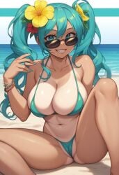 :d ai_fingers ai_generated alternate_breast_size aqua_hair beach_background black_thong_bikini blush bracelet brazil brazilian brazilian_female brazilian_miku breasts cleavage collarbone completely_naked curly_hair_style fangs_(fangs_art) female flower full_hair fully_nude green_eyes green_nails grin hair_flower hair_ornament hatsune_miku heart highres jewelry large_breasts long_hair looking_at_viewer messy_hair nail_polish navel nsfw parted_lips red_flower skindentation smile solo spread_pussy stomach sunglasses_aviator tan tan_lines thigh_gap topless twintails two-tone_background very_long_hair vocaloid yellow_nails