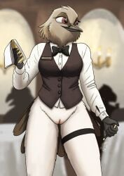 absurd_res anthro avian bird bottomless bottomless_anthro bottomless_female bow_tie casual_exposure classy clothed clothing dress_shirt exhibitionism female fish_birb genitals hi_res leg_strap millie_(fish_birb) narrowed_eyes oscine passerine pen pussy restaurant shirt solo starling_(bird) topwear vest waiter waiter_suit