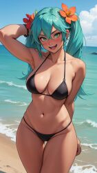 :d ai_generated alternate_breast_size aqua_hair beach_background black_thong_bikini blush bracelet brazil brazilian brazilian_female brazilian_miku breasts cleavage collarbone completely_naked curly_hair_style female flower full_hair fully_nude green_eyes green_nails grin hair_flower hair_ornament hatsune_miku heart highres jewelry large_breasts long_hair looking_at_viewer messy_hair nail_polish navel nsfw parted_lips red_flower skindentation smile solo spread_pussy stomach sunglasses_aviator tan tan_lines thigh_gap topless twintails two-tone_background very_long_hair vocaloid yellow_nails