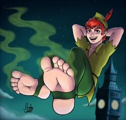 andywolfking arms_behind_head artist_signature big_ben disney flying foot_focus fully_clothed looking_at_viewer male_feet male_foot_fetish male_only night no_visible_genitalia peter_pan_(character) peter_pan_(disney) red_hair smelly_feet stirrup_legwear sweaty_feet