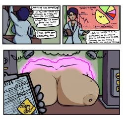 2d 2d_(artwork) artist_request breasts character_request clipboard comic english_text expressionless female labcoat nipples portal short_hair text