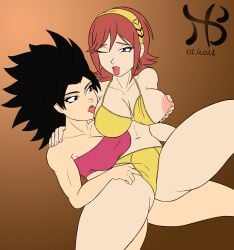 2girls big_breasts black_hair breasts brown_hair caulifla crossover dragon_ball dragon_ball_super female female_only female_saiyan hi_res hiastobasement_(artist) highres kaname_buccaneer large_breasts macross macross_delta multiple_girls saiyan yuri