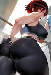 1girls ai_generated ass big_breasts black_hair breasts female female_focus female_only green_eyes gym gym_clothes huge_ass large_breasts red_hair ruby_rose rwby short_hair