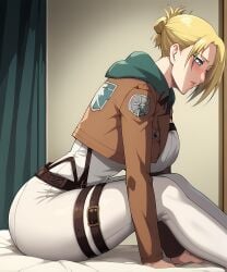 ai_generated annie_leonhardt attack_on_titan belt big_ass big_breasts big_butt blonde_hair blush brown_belt brown_jacket female female_focus female_only green_cloak grey_eyes long_legs narrow_waist retair18 sexy_pose shingeki_no_kyojin straps symbol thick_lips thigh_strap tied_hair uniform white_pants white_shirt wide_hips