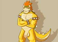 1boy balls bowser chubby collar crossed_arms flaccid horn humanoid_penis koopa male male_only mapdark mario_(series) muscles nintendo no_humans nude penis scalie solo