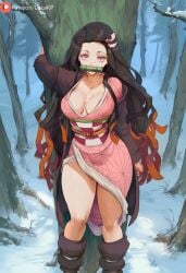 1girls ai_generated bamboo bamboo_gag black_hair blue_eyes breasts clothed demon_slayer female forest gag gagged highlights_(coloring) kamado_nezuko large_breasts looking_at_viewer lucakp open_eyes orange_highlights patreon patreon_link patreon_logo patreon_url patreon_username snow solo solo_female solo_focus standing tagme thick_thighs thighs tree winter