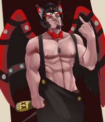 1boy abs beard beer beer_bottle bottomwear cat_ears facial_hair goatee hazbin_hotel headgear headwear human humanized husk_(hazbin_hotel) hybrid middle_finger muscular muscular_male nipples pants red_eyebrows red_sclera sharp_teeth solo_male suspenders wings yellow_eyes