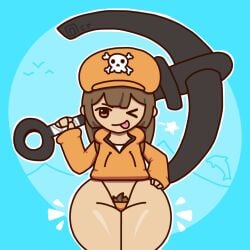 1girls anchor bottomless brown_hair clothing female_only guilty_gear guilty_gear_strive hand_on_hip hat hoodie hyper_hips long_hair may_(guilty_gear) octotron2000 orange_eyes pubic_hair pubic_hair_peek solo solo_female thick_thighs thong tongue tongue_out wide_hips wink