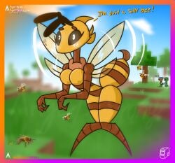 agonywelds antennae anthro ass bee bee_girl big_breasts blush breasts breasts glowing_eyes honey_bee insects looking_at_viewer minecraft stinger stripes text thick_ass thick_thighs thighs wings