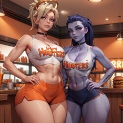 2girls ai_generated big_ass choker eogard_orc hooters looking_down_at_viewer mercy overwatch sweating thick_thighs widowmaker working