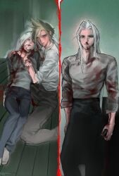 3boys alternate_universe bleeding blonde_hair blood blood_from_mouth blood_on_clothes blood_on_face blood_on_hands blue_eyes closed_mouth cloud_strife collared_shirt dying final_fantasy final_fantasy_vii green_eyes grey_hair guro hannibal_(tv_series) highres holding injury junline1260162 kadaj long_hair male_focus multiple_boys multiple_views open_mouth pants sephiroth shirt short_hair slit_pupils spiked_hair