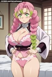 1girls ai_generated aindroidparanoid bedroom big_breasts braid braided_ponytail breasts busty cameltoe cleavage crossed_legs curvy demon_slayer female female_only green_eyes green_hair huge_breasts indoors kanroji_mitsuri kimetsu_no_yaiba large_breasts lingerie multicolored_hair nipples pink_hair solo stable_diffusion standing twintails upset voluptuous