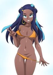 1girls alexkonakona bikini black_hair blue_eyes blue_hair blue_highlights dark-skinned_female dark_skin earrings eyeshadow game_freak hoop_earrings multicolored_hair nessa_(pokemon) nintendo pokemon pokemon_ss removing_clothing solo two-tone_hair