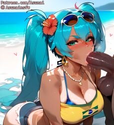 1boys ai_generated aqua_eyes asunai beach bikini_top_only blush brazil brazilian brazilian_female brazilian_miku crop_top dark-skinned_male denim_shorts earrings fellatio female femsub flower_in_hair hatsune_miku heart jewelry kneeling large_balls large_breasts large_penis latin_american_hatsune_miku_(meme) lips looking_at_viewer necklace outdoors precum saliva side_view stable_diffusion submissive sunglasses_on_head tan tan-skinned_female tan_body tan_skin tanline tanned vocaloid