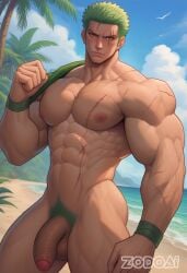 abs ai_generated balls bara biceps big_balls big_penis green_hair looking_at_viewer male male_nipples male_only male_pubic_hair manly muscular_male nipples nude one_piece pecs penis roronoa_zoro scar zodoai