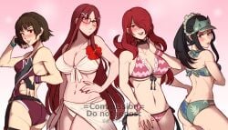 4girls ass big_ass big_breasts bikini black_eyes black_hair breasts brown_hair commission commissioner_upload crossover curvaceous curvy female female_only glasses gzei hair_over_one_eye huge_breasts kai_schulen large_breasts long_hair makoto_niijima megami_tensei midriff minerva_victor mitsuru_kirijo multiple_girls outfit_swap persona persona_3 persona_5 persona_5_scramble:_the_phantom_strikers ponytail red_eyes red_hair short_hair showing_off swimsuit tongue tongue_out valkyria_chronicles valkyria_chronicles_4 very_long_hair